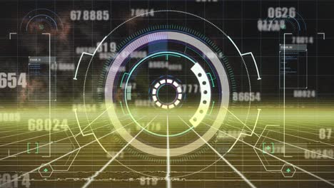 Animation-of-loading-circles-and-changing-numbers-over-grid-pattern-against-space