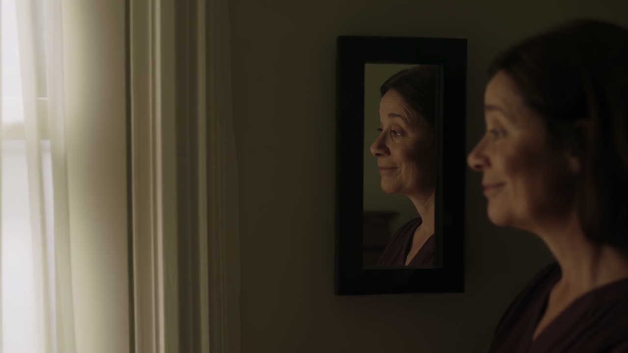 Donna anziana bianca in stanza in penombra che si guarda allo specchio, luce soffusa dalla finestra, riflesso incorniciato, espressione contemplativa
