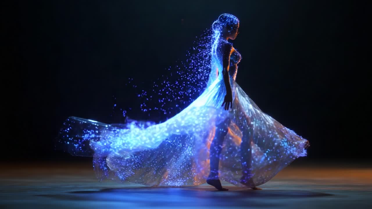 A mesmerizing dancer twirls gracefully, enveloped in a cascade of shimmering lights, embodying the elegance and ethereal beauty of movement through a stunning visual spectacle