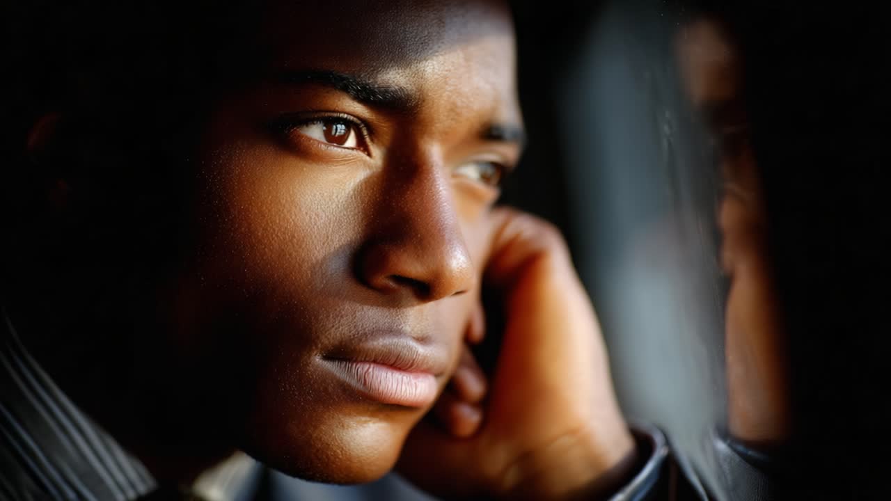 Contemplative Moment: A Deep Reflection Captured in Two Frames Showcasing the Intense Emotions and Thoughts of a Young Man Looking Out a Window