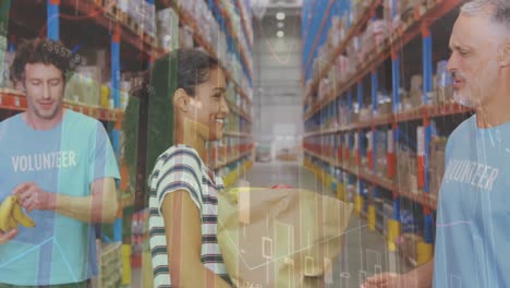 Statistical-data-processing-over-african-american-woman-donating-bag-to-male-volunteer-at-warehouse