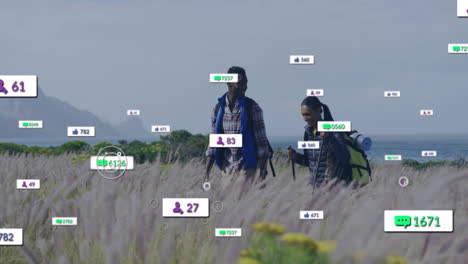 hiking through tall grass, social media interaction animation over two people