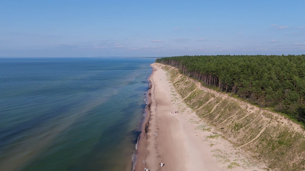 Drone Flight Over Jurkalne Steep Coastline On A Sunny Summer Day Revealing Baltic Sea Shore Sandy Trails Green Fields And Peaceful Nature Landscape In Latvia