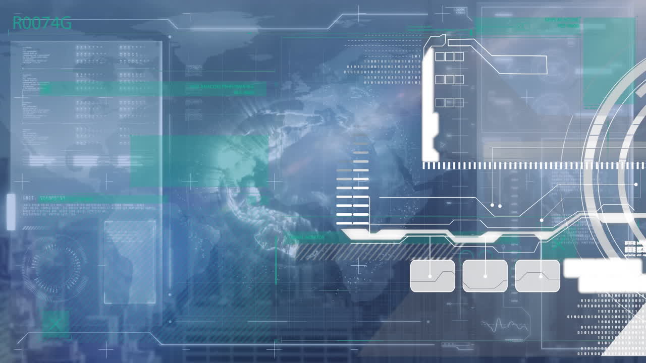 Animation of financial data processing over cityscape