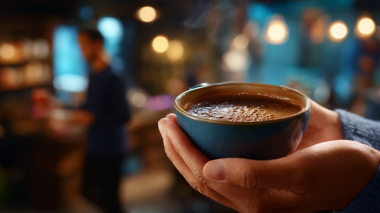 Caffè caldo in mano: un momento accogliente catturato nel tempo con vapore che si alza, evidenziando il colore intenso della bevanda in un'atmosfera accogliente e invitante