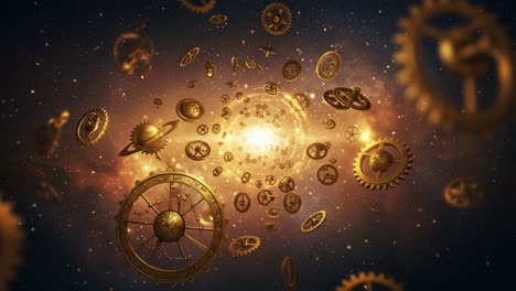 a stunning cosmic journey through time: an intricate dance of gears and celestial bodies in a vast space symphony of light and wonder