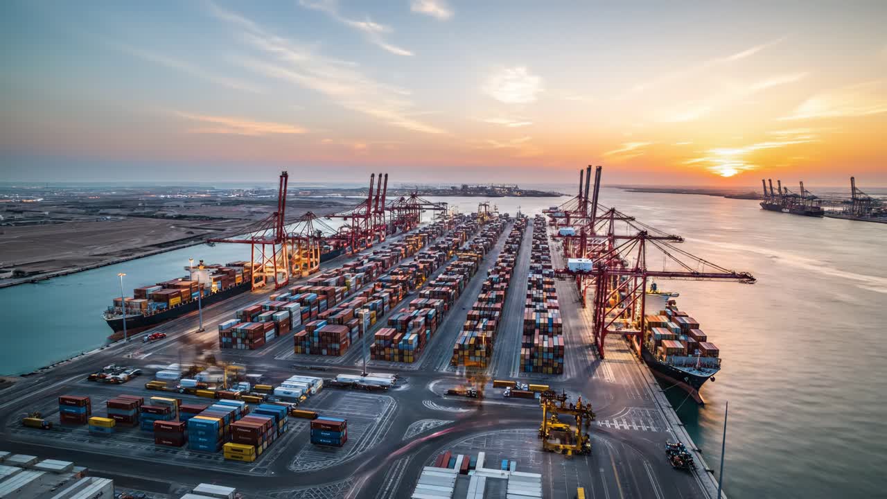 Aerial view of shipping port at sunset