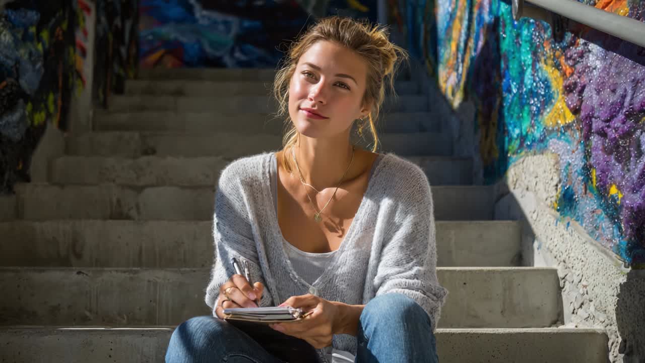 A thoughtful young woman sits on concrete stairs in a vibrant, colorful environment, reflecting and jotting down notes in her notepad, surrounded by artistic murals that inspire her creativity
