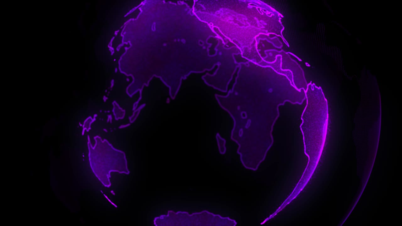 planeta púrpura digital de la tierra. globo giratorio con continentes brillantes. animación 3d con tierra digital y partículas. concepto de negocio global abstracto
