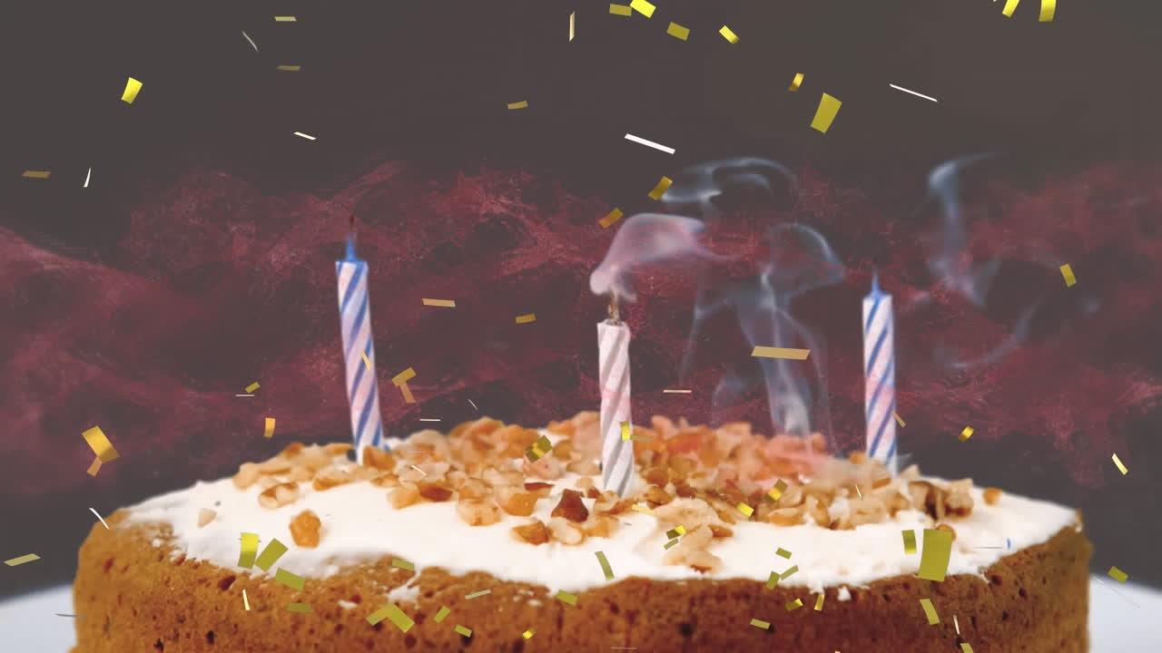 animación de confeti de oro cayendo sobre el pastel de cumpleaños con velas