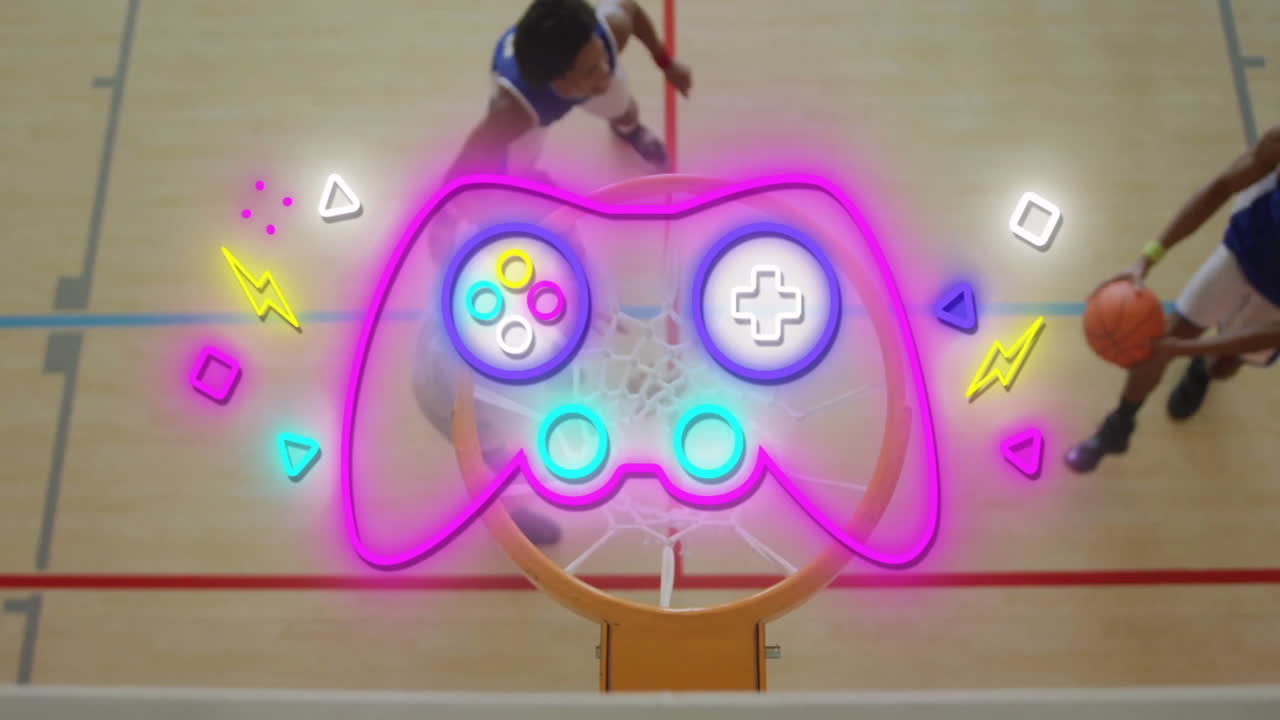 Neon game controller animation over basketball hoop with player in background