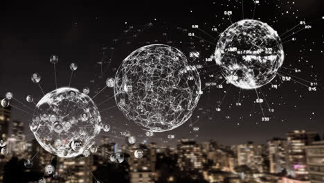 three digital earths with data on a city background