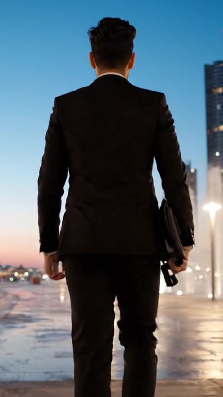 Un giovane professionista in abito sta davanti a uno skyline con fontane al tramonto, catturando l'essenza della determinazione e della vita urbana moderna.