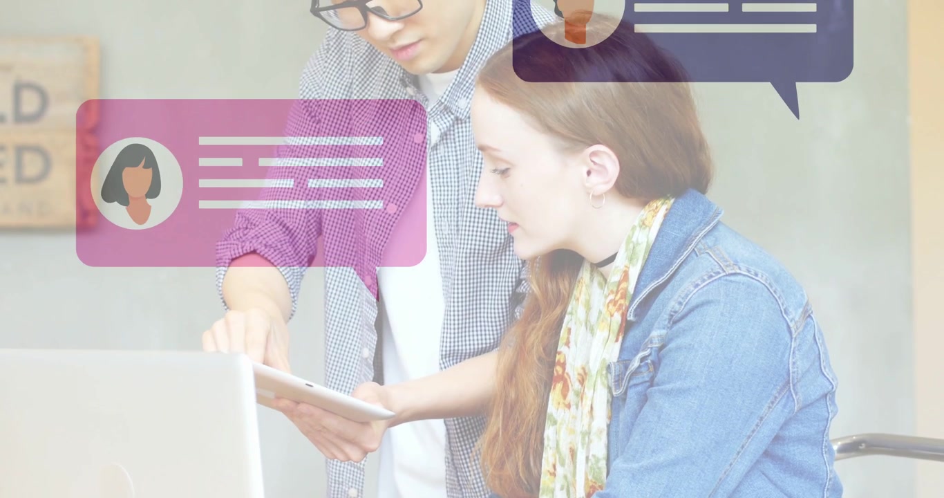 Man moving tablet, woman turning and typing, chat bubbles covering screens supporting business