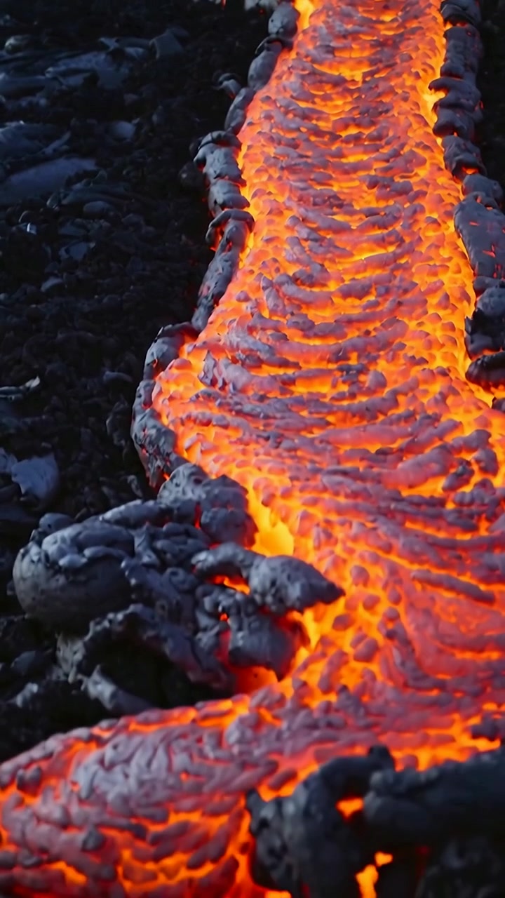 Video verticale: Canale di lava fusa che scorre lungo il basalto, attirata dalla gravità, formando una crosta scura