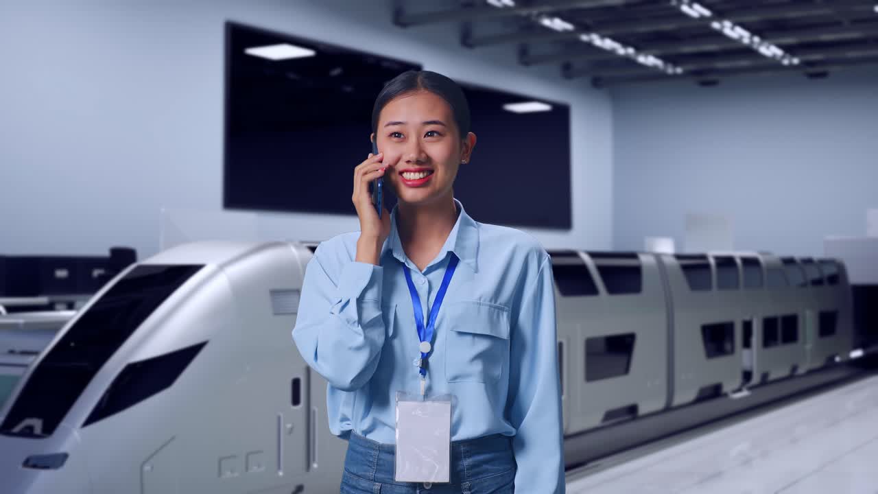Asian Female, Futuristic High Speed Train in a Modern Testing Facility, She Pick The Phone Up And Started To Speaking With It