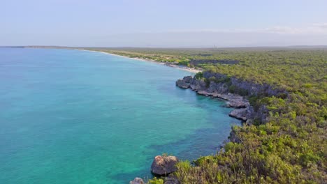 acantilados de piedra caliza cubiertos de vegetación verde en bahia de las aguilas, pedernales, republica dominicana