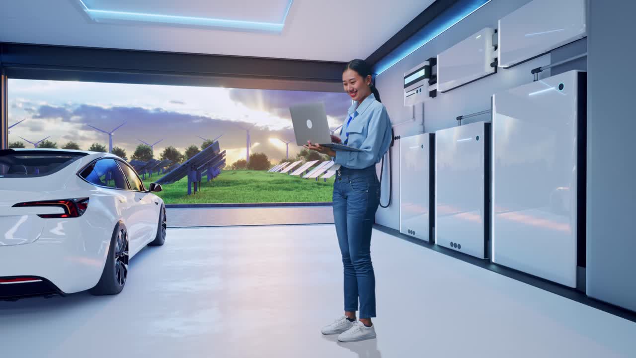 Full Body Side View Of Asian Female With Her Laptop With Home Energy Storage System In a Modern Garage, Typing On Her Laptop'S Keybaord With Meditation