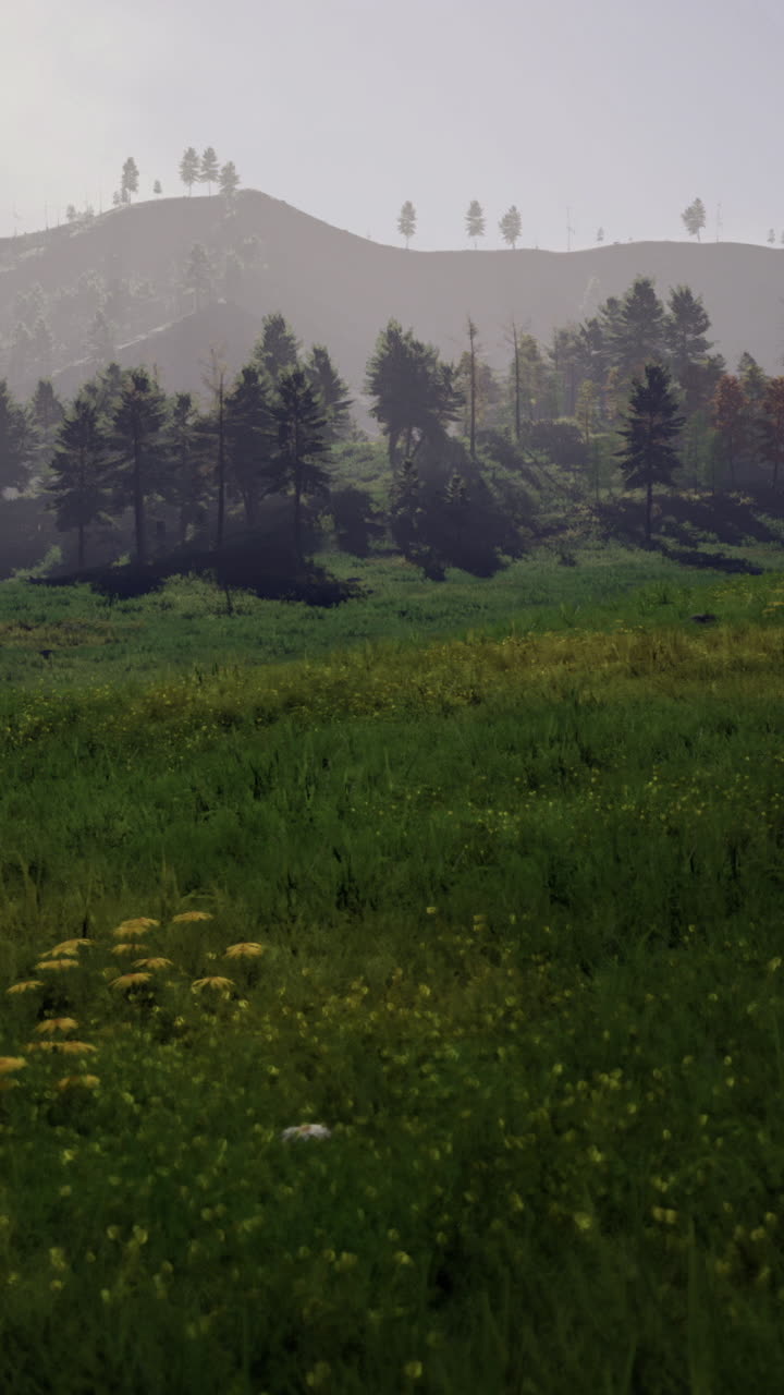 Vibrant meadow and misty hills inviting exploration during dawns first light