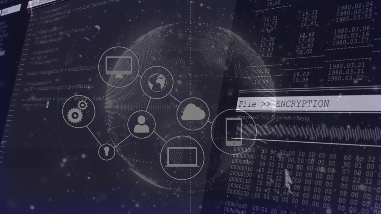 Rotating dotted digital globe with network icons at center of dark HUD, showing File ENCRYPTION