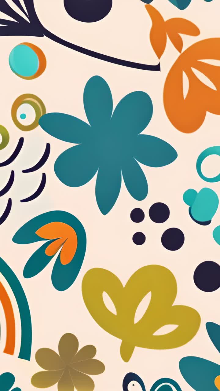 Vertical video: At start displaying abstract pattern with shifting circles, leaves on pale backdrop