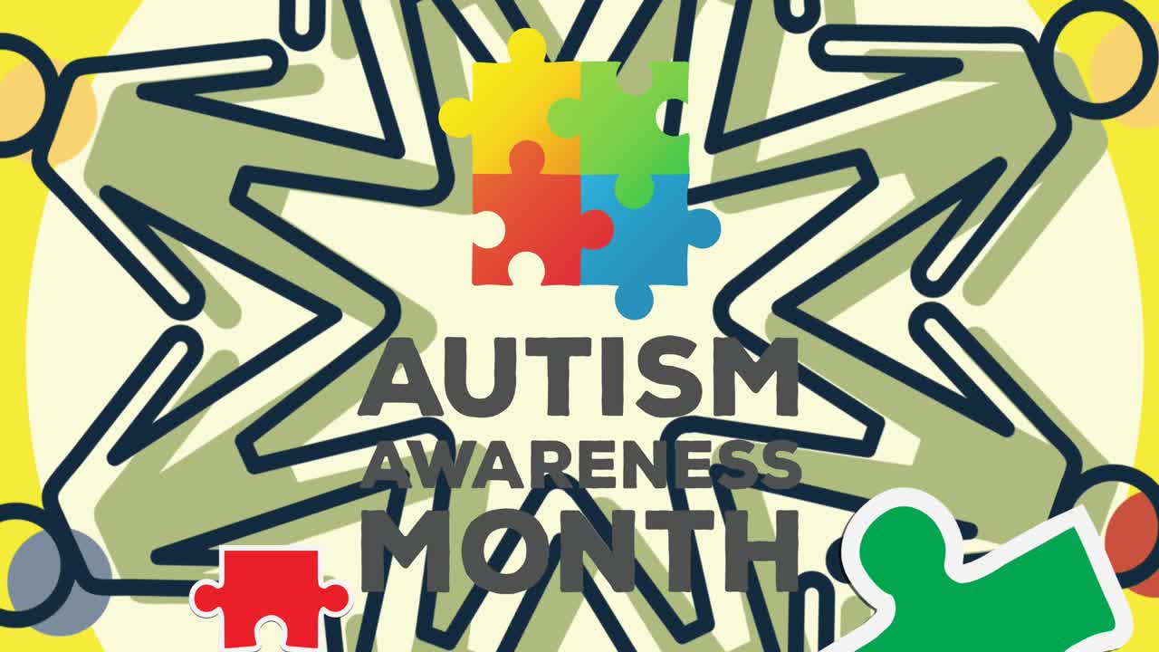 animación de rompecabezas que caen sobre el texto del mes de concienciación sobre el autismo y los iconos de personas giratorias