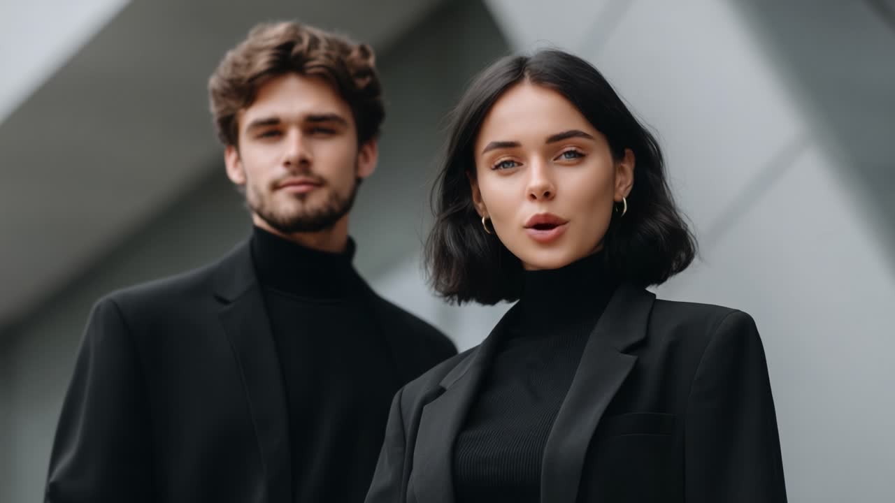 Stylish Elegance: A Modern Couple in Sophisticated Black Outfits Posing Confidently Against a Trendy Urban Background