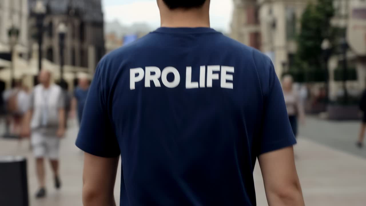 Uomo adulto che cammina e si muove dopo che la camera si è avviata da dietro, che attraversa una piazza cittadina con una T-shirt blu navy PRO-LIFE