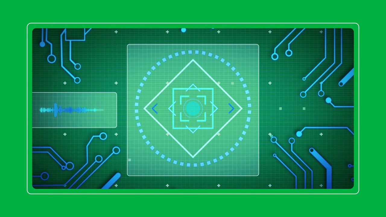 Animation of scope scanning and data processing with circuit board elements on digital screens