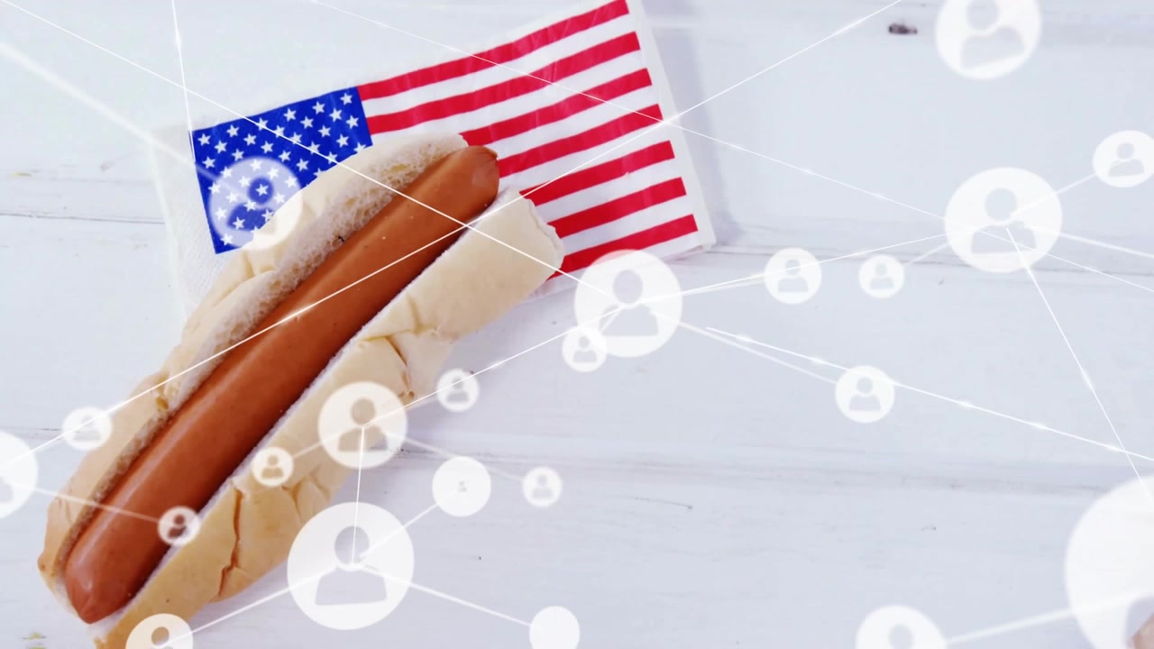 Network icon appearing over hot dog flag, linking nodes and user icons visualizing connectivity