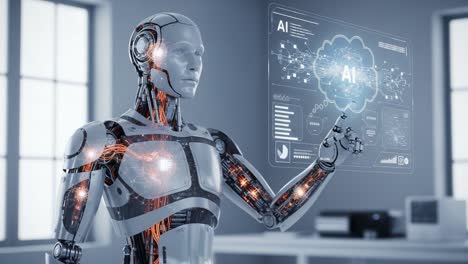 futuristic robot interacting with ai technology display in a modern workspace, showcasing human-machine interaction and advanced digital interfaces