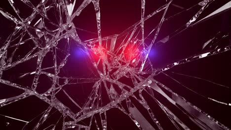 broken glass with ambulance and police lights flashing. shattered glass with pulsating red and blue ambulance and police lights. abstract background for emergency, accident, danger, security concept