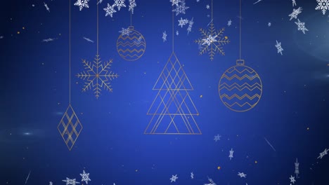 Animation-Von-Christbaumschmuck-über-Schnee,-Der-Auf-Blauen-Hintergrund-Fällt