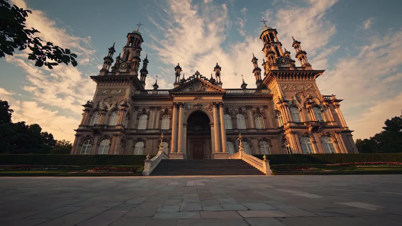 Majestic baroque palace captured at a low-angle, enhancing its grandeur