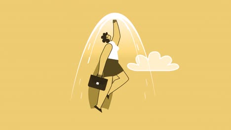 superhéroe mujer de estilo amarillo con maletín personaje plano vuela hacia arriba. animación de bucle aislado con canal alfa