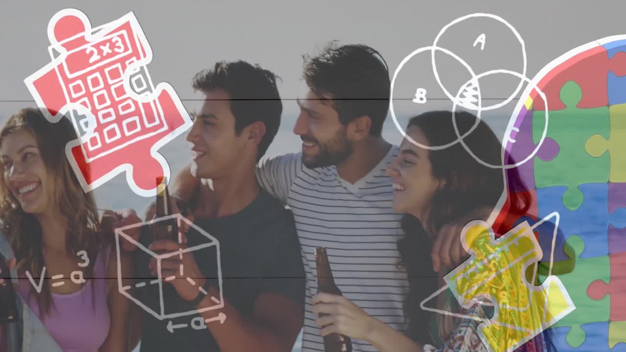 animación de coloridas piezas de rompecabezas e iconos escolares sobre amigos felices en la fiesta de playa de verano