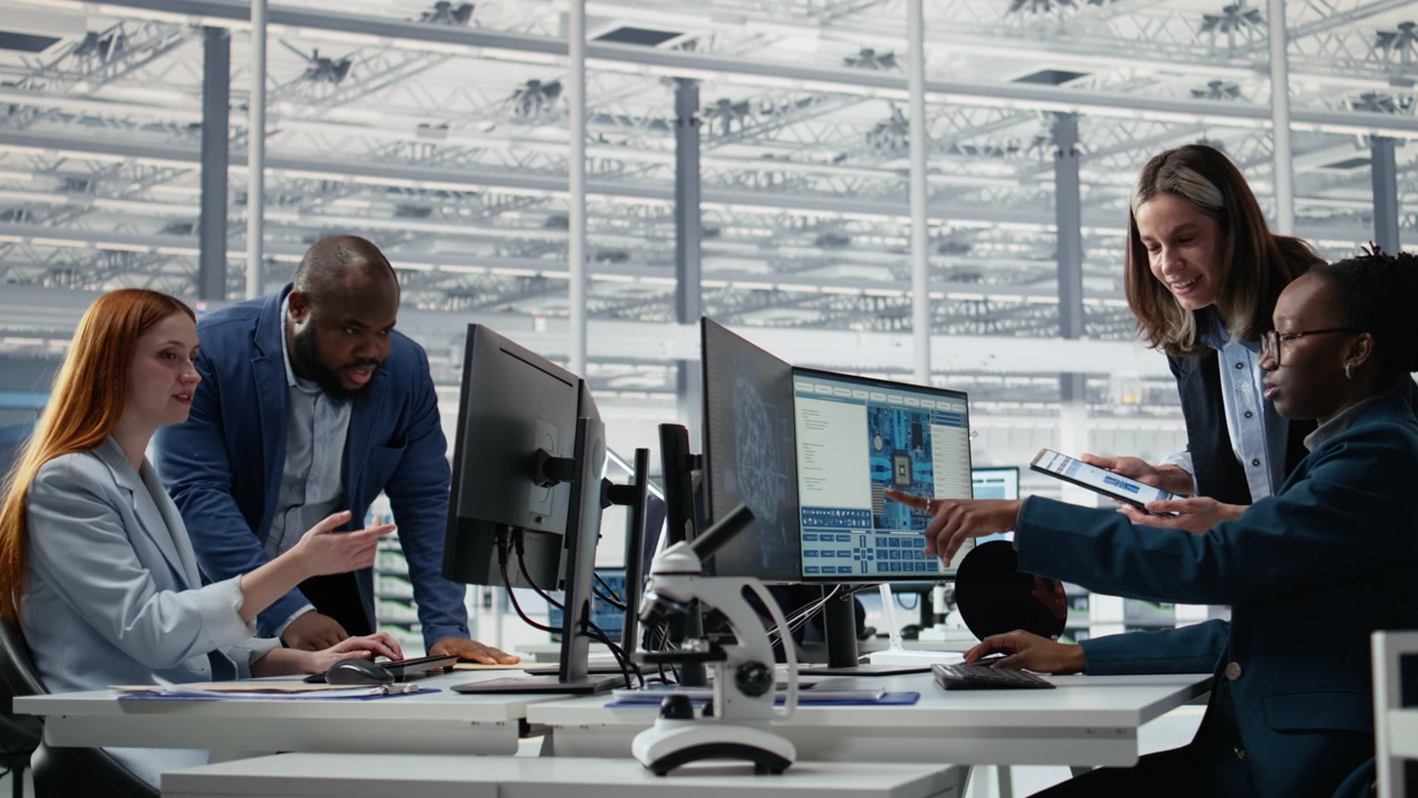 Smiling men and women reviewing microchip production using AI technology