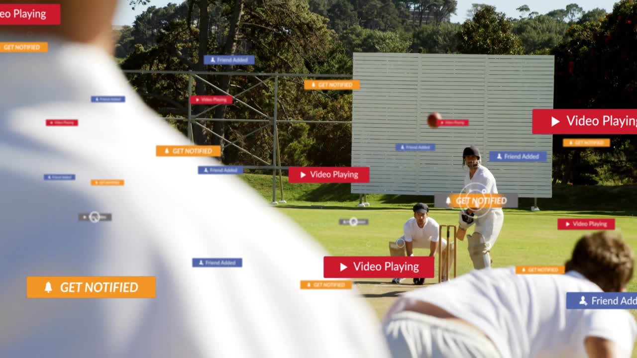 Animation overlaying social media notifications on cricket players during match