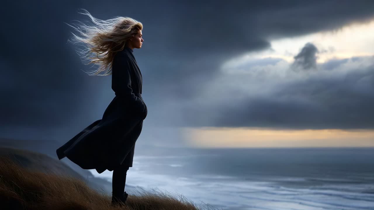 A contemplative figure stands against a dramatic stormy backdrop, their flowing hair capturing the essence of freedom and introspection amidst nature's powerful elements