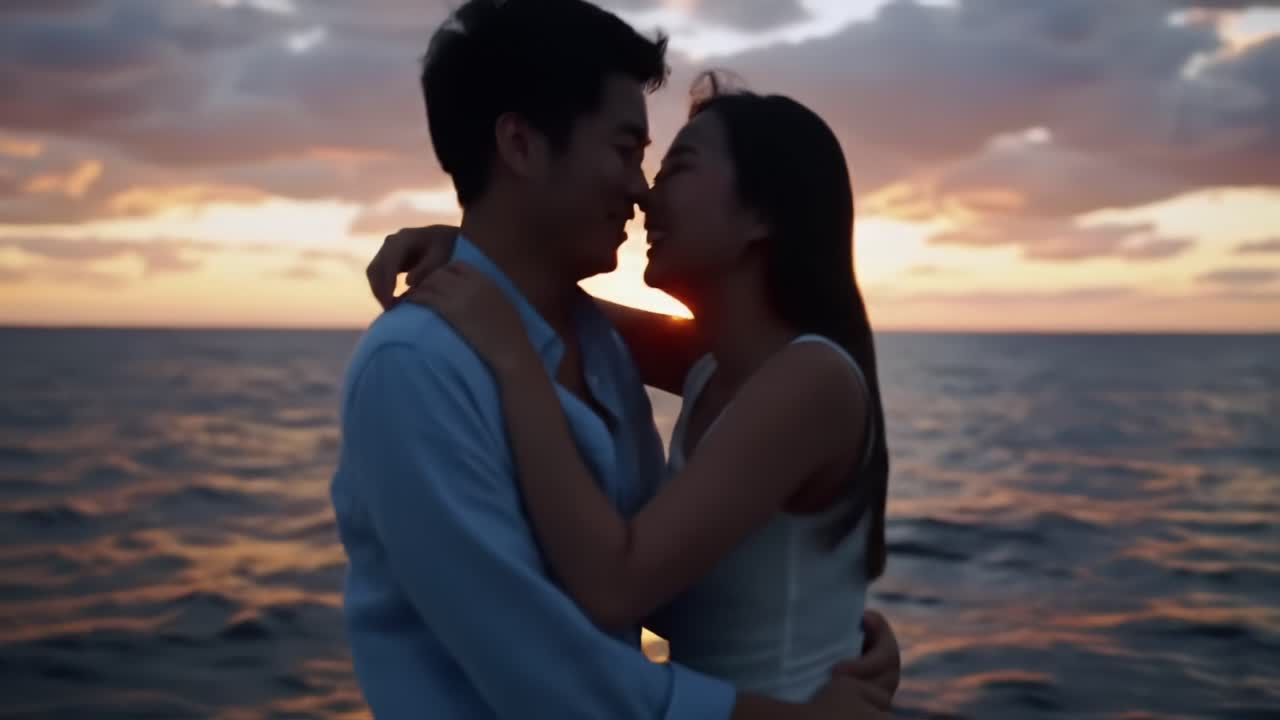 Romantic Sunset Moment by the Ocean With Couple Enjoying the Serene Beauty of Nature