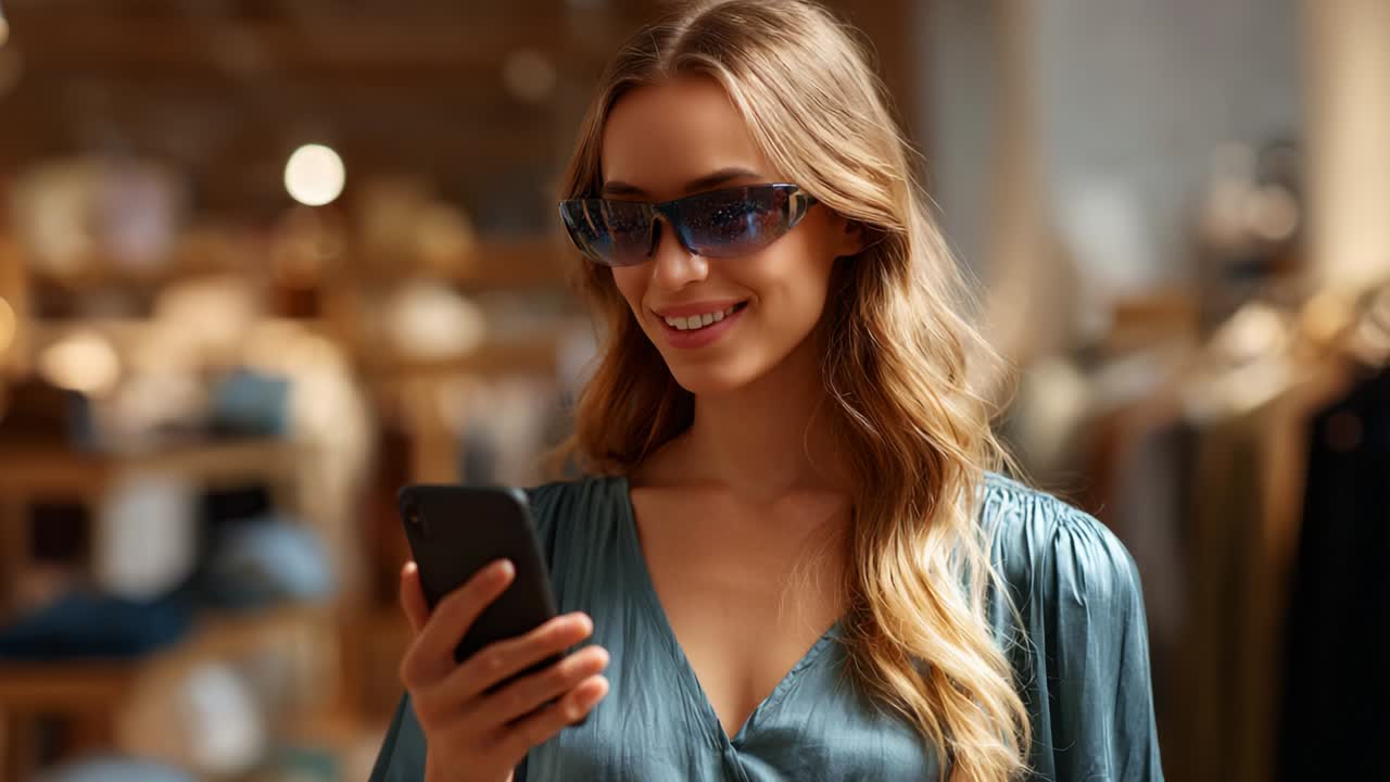 Una giovane donna alla moda con occhiali da sole stilosi sorride mentre controlla il suo smartphone, mettendo in mostra le tendenze moderne nel campo della tecnologia e dello stile personale, mentre si gode una vivace atmosfera da shopping