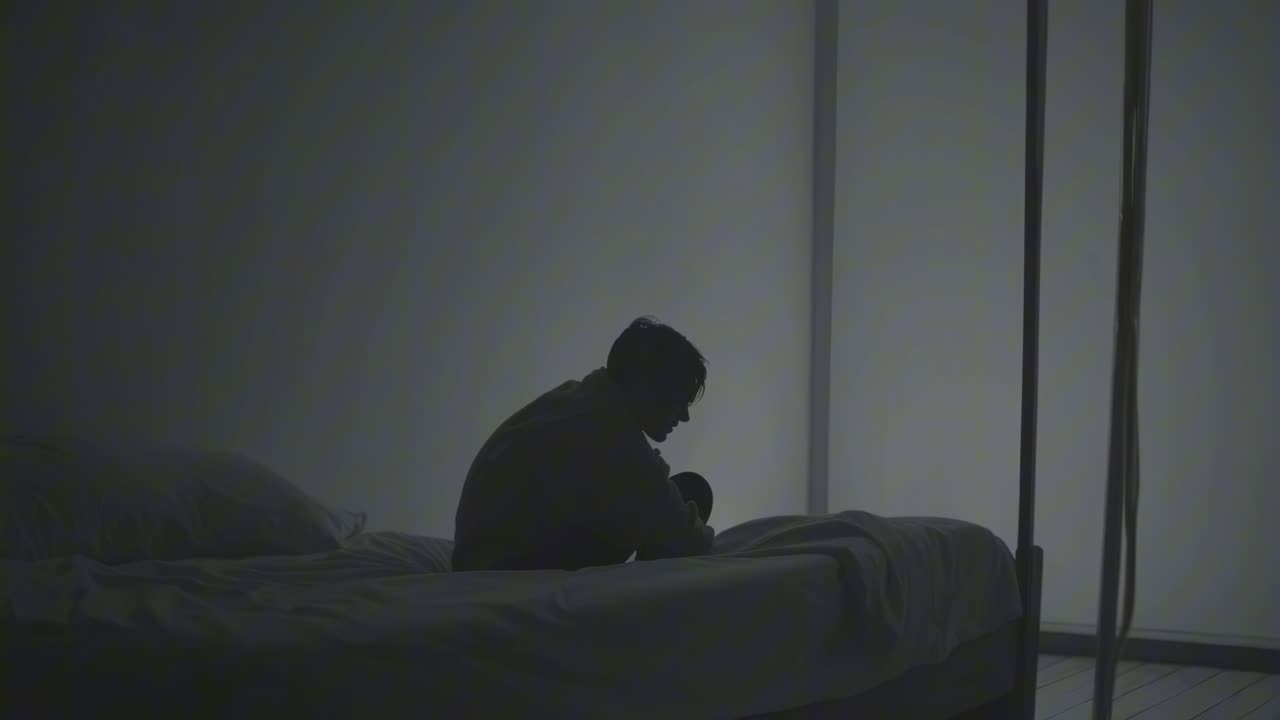 Silhouette of a person sitting on a bed in a dimly lit room, captured from a side angle