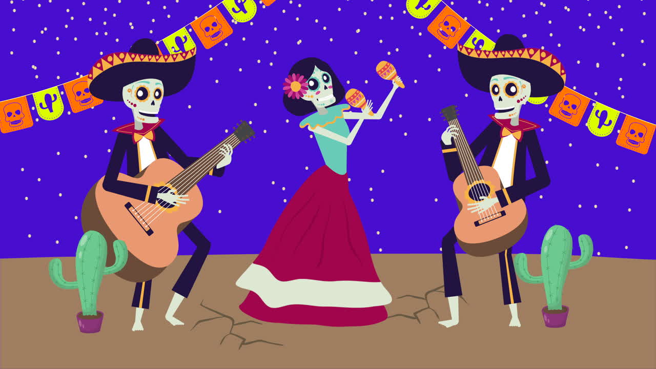 animazione viva mexico con i personaggi di mariachi e catrina skulls