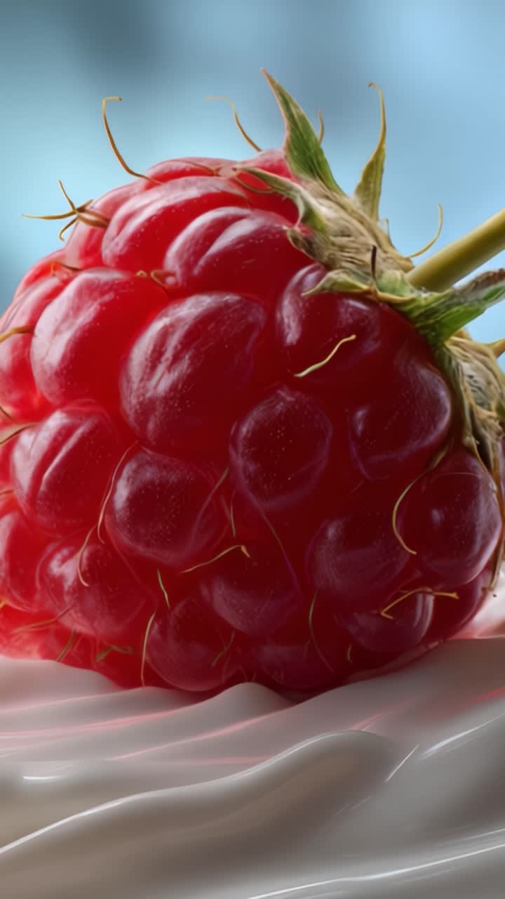 Close-up of a vibrant raspberry glistening on a smooth creamy surface, showcasing its rich color and texture, accentuated by a soft blue background