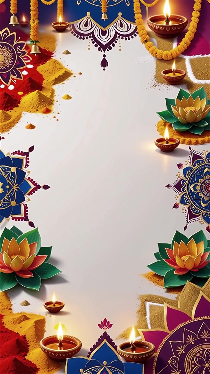 Sfondo Diwali con Diyas luminosi, Rangoli e fiori di loto