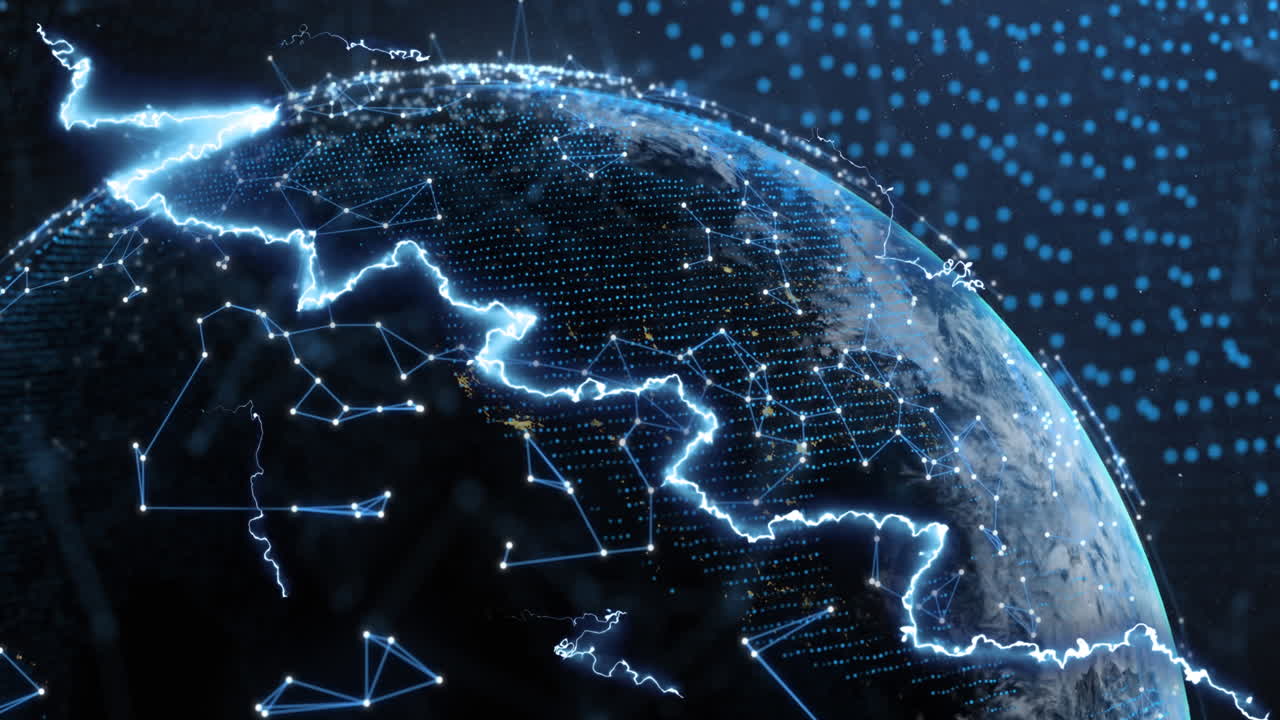 Animation of spinning globe and network of connections on black background