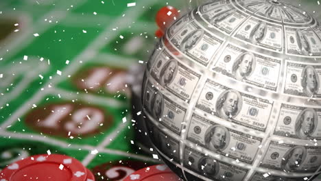 animación de confeti cayendo, globo con dólares estadounidenses sobre fichas de casino