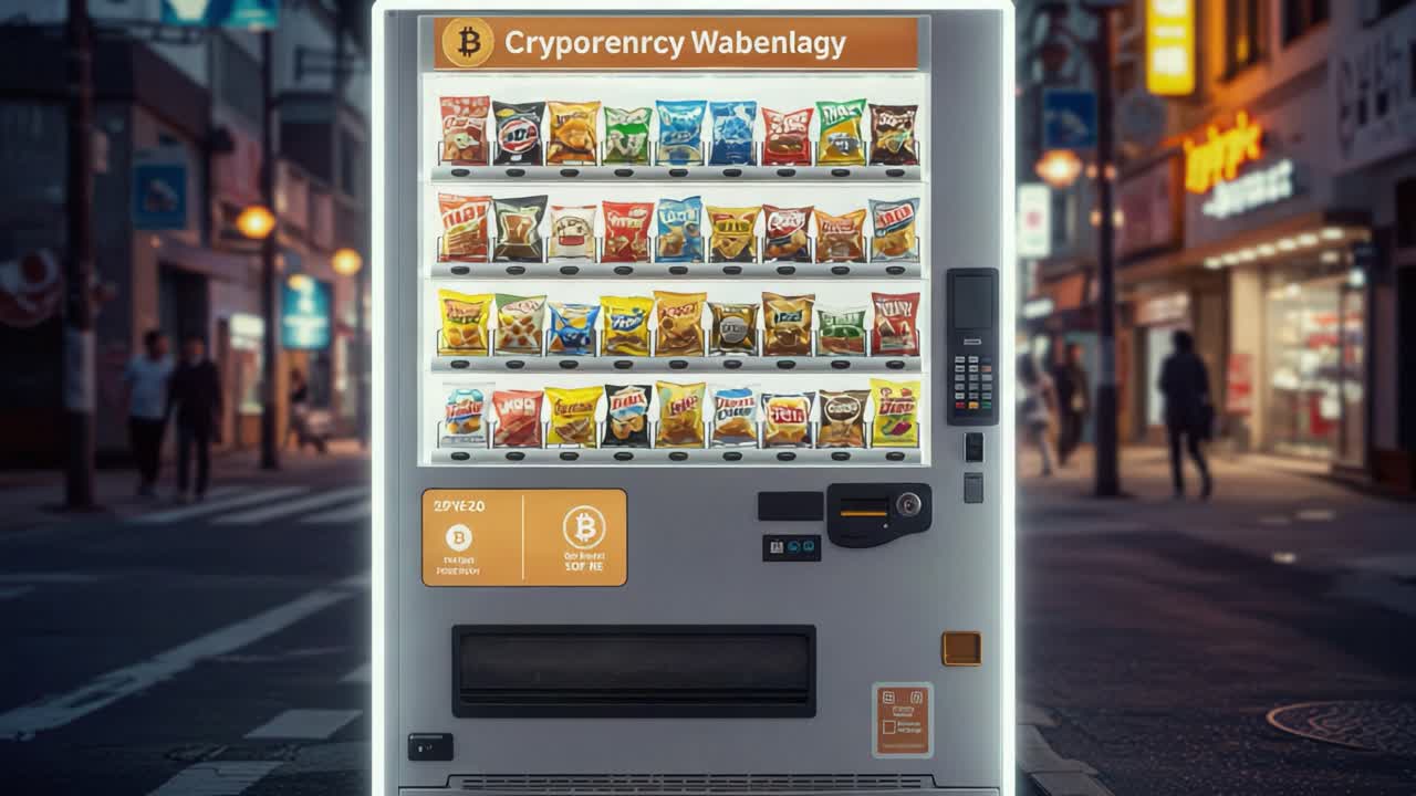 Innovative Vending Machine Showcasing Cryptocurrency Payments with Various Snack Options in a Lively Urban Setting During Evening Hours
