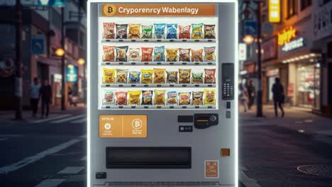 innovative vending machine showcasing cryptocurrency payments with various snack options in a lively urban setting during evening hours