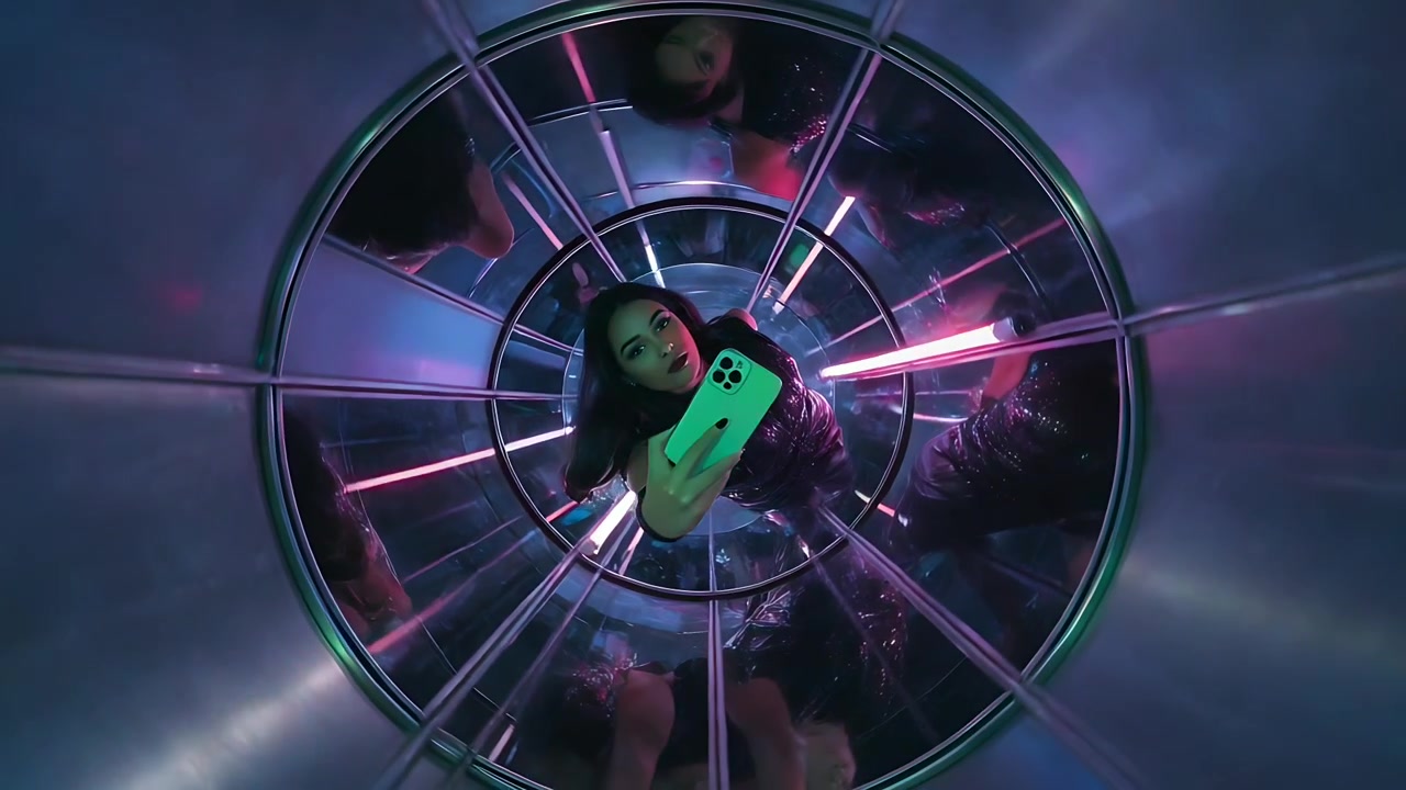 Tubi LED che cambiano colore, donna che inquadra un selfie con un telefono bianco in un tunnel a specchio, vestito di paillettes